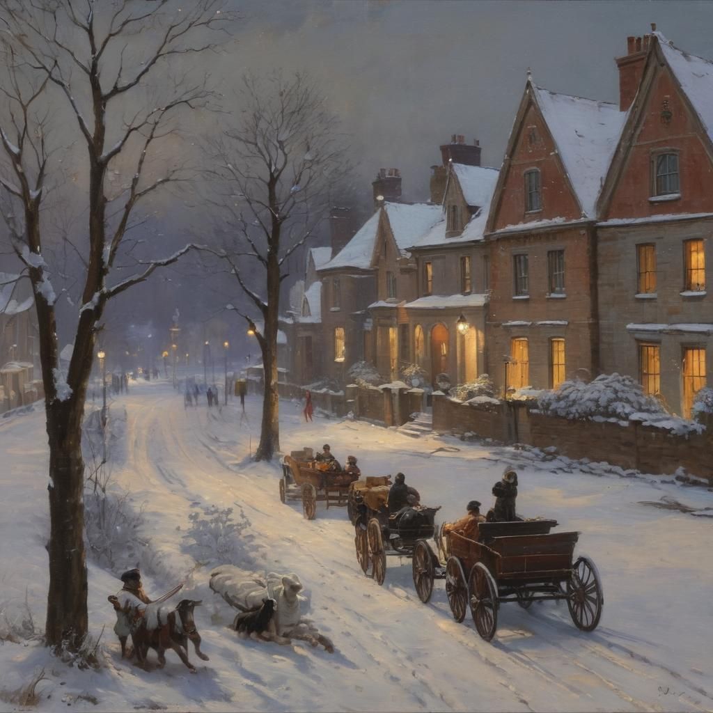 Peinture à l'huile de James Gurney. Plan moyen. Père Noël victorien la nuit de Noël sous la neige qui tombe, devant une ville victorienne av...