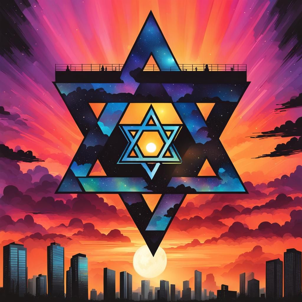 Sunset Over City with Star of David