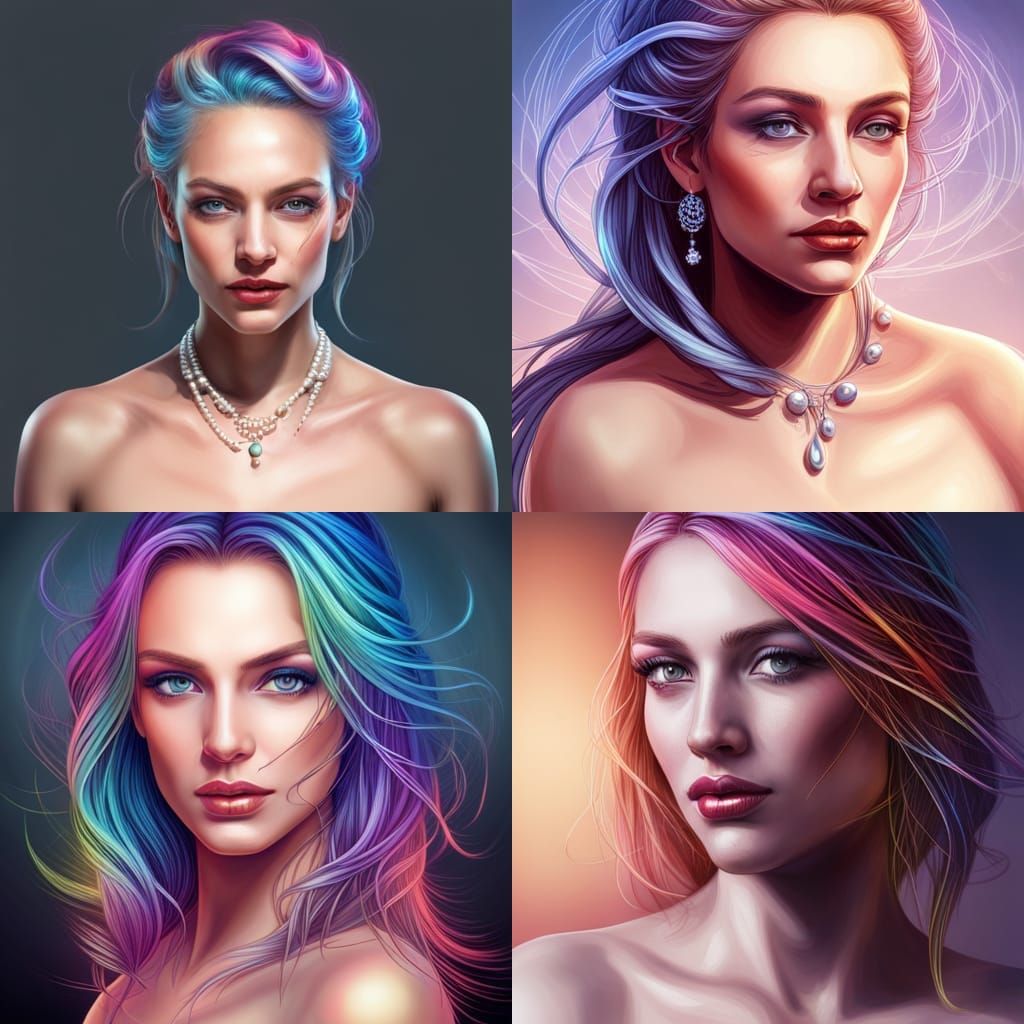 Beautiful Woman Iridescent Threads And Pearls In Her Hair Vibrant And Photorealistic With