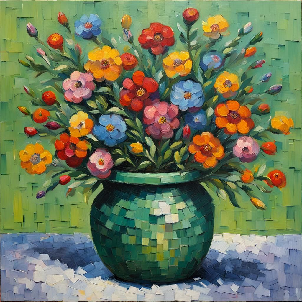 Green pot with mixed flowers
