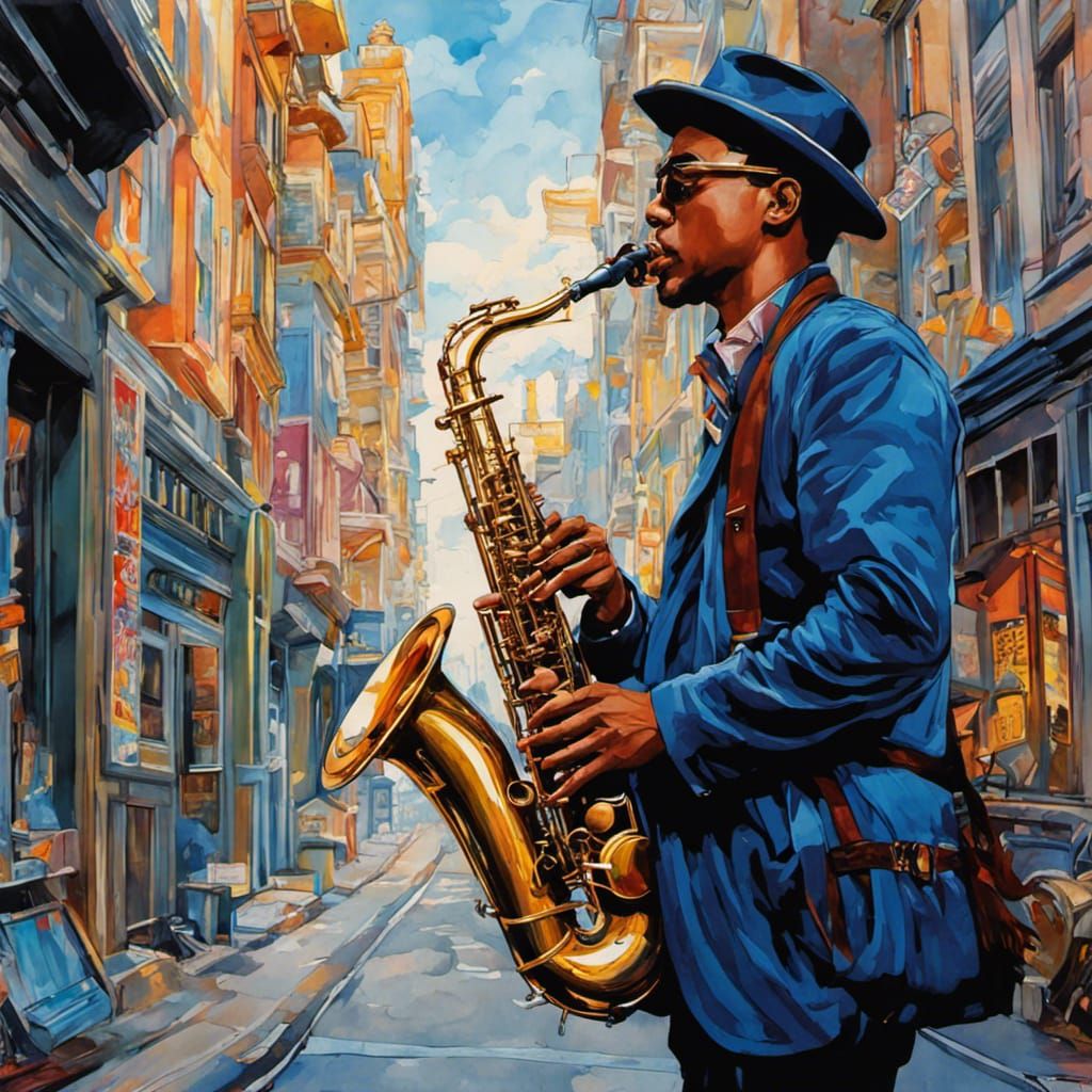 colourized, a bustler playing the saxophone  on the streets, by Android Jones intricately detailed fluid ...  by @Kindly Offer