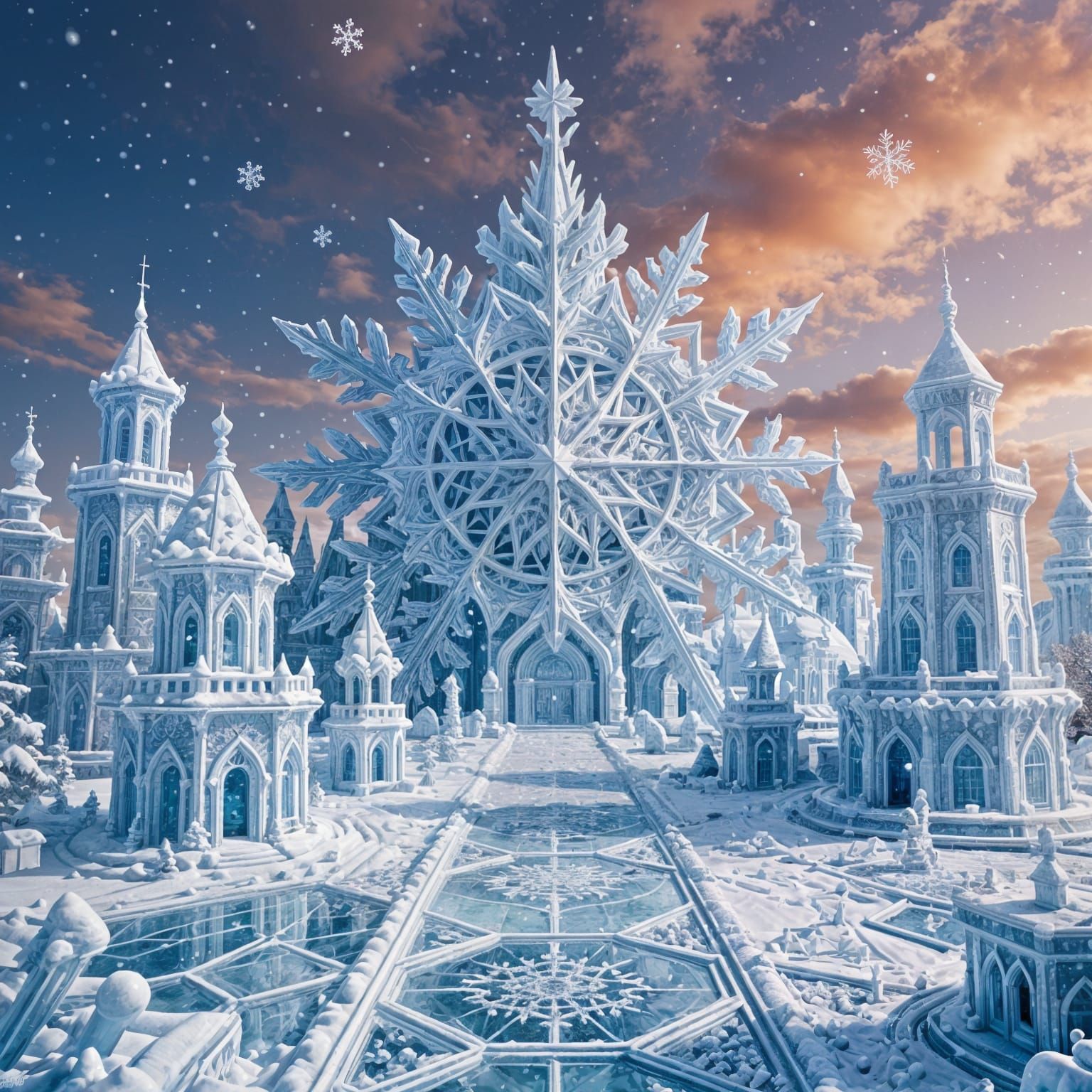 Snowflake City Scene
A fantasy city built entirely from snowflake architecture, where buildings resemble ...  by @Schoor