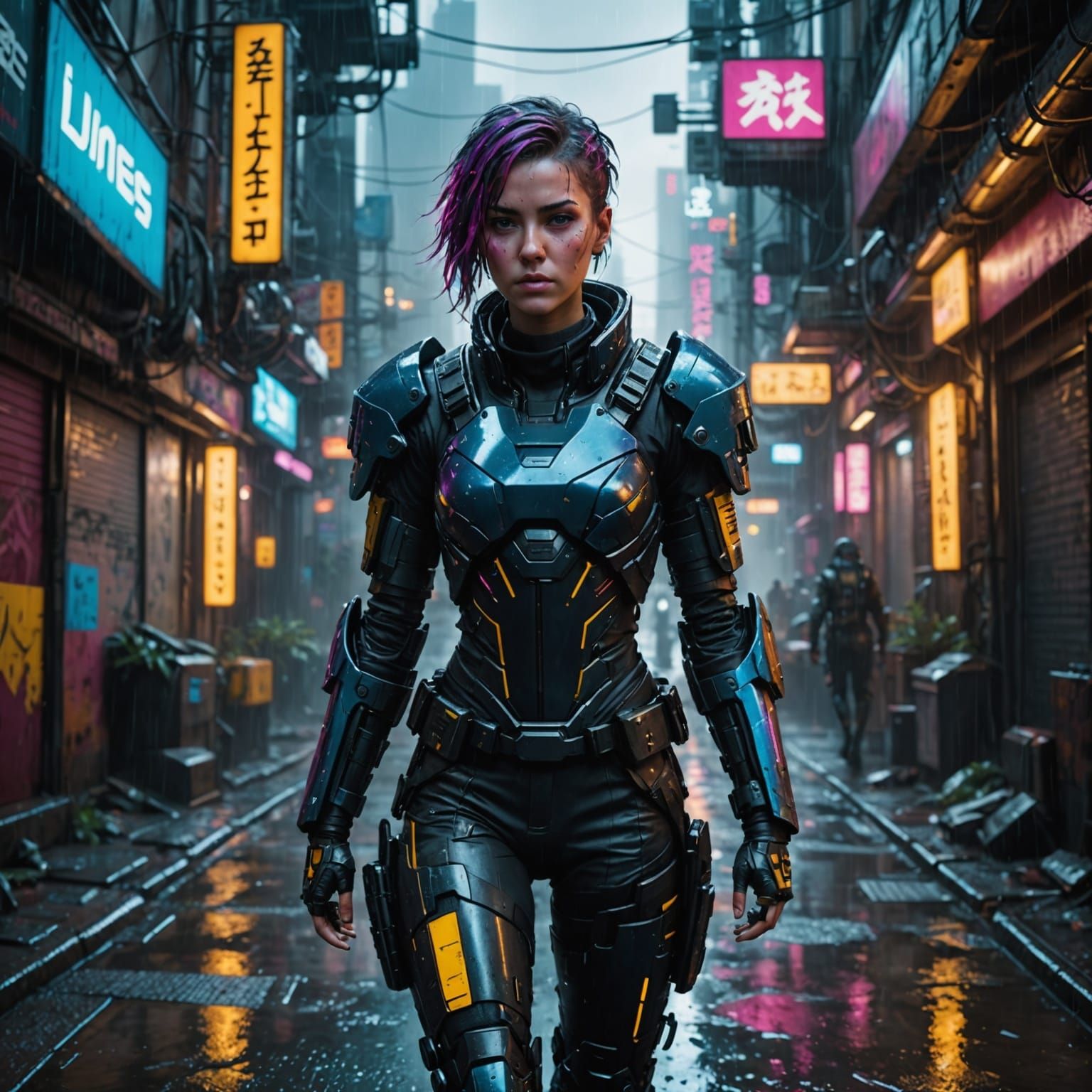 cyberpunk girl in futuristic armor walking down rain-soaked cyberpunk alley.
Close up detailed matte ...  by @ZHenya