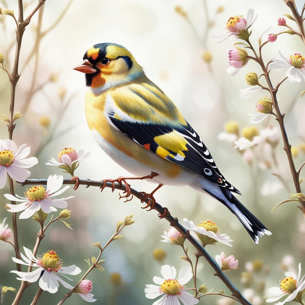 "In gorgeous realistic colors: "A colorful goldfinch in his ...
