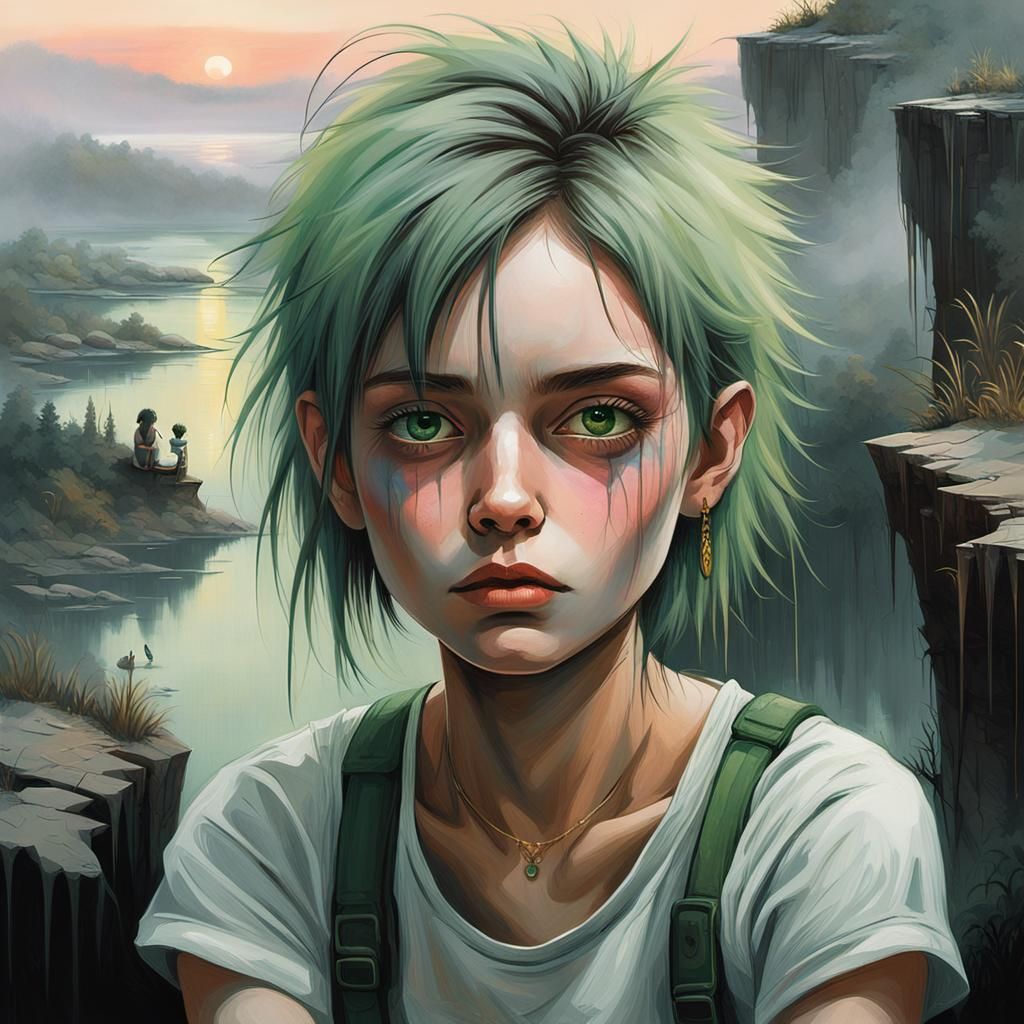 Girl Overlooking Misty Lake at Dawn in Surreal Style