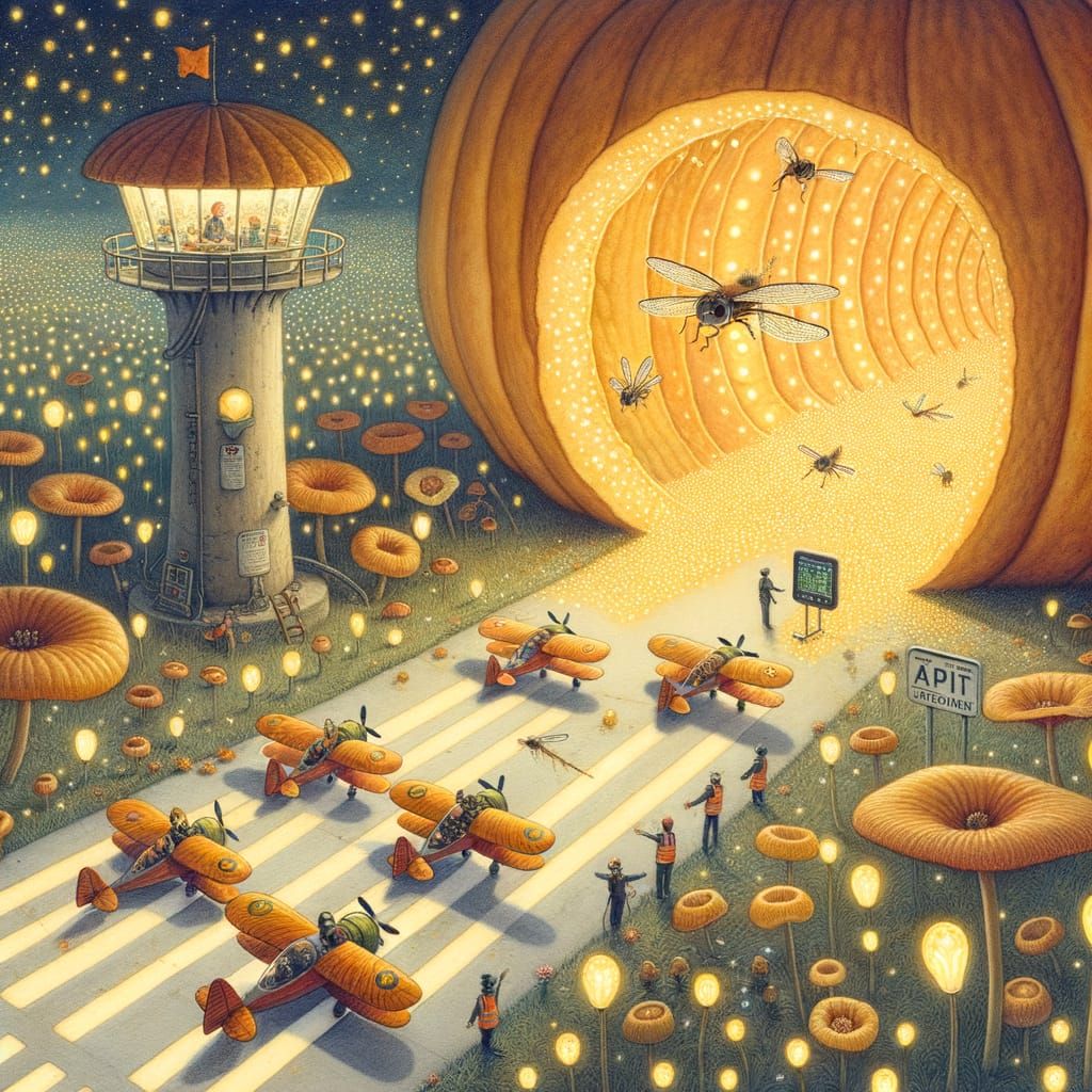 Whimsical Firefly Airport in a Pumpkin, Watercolor Illustrat...