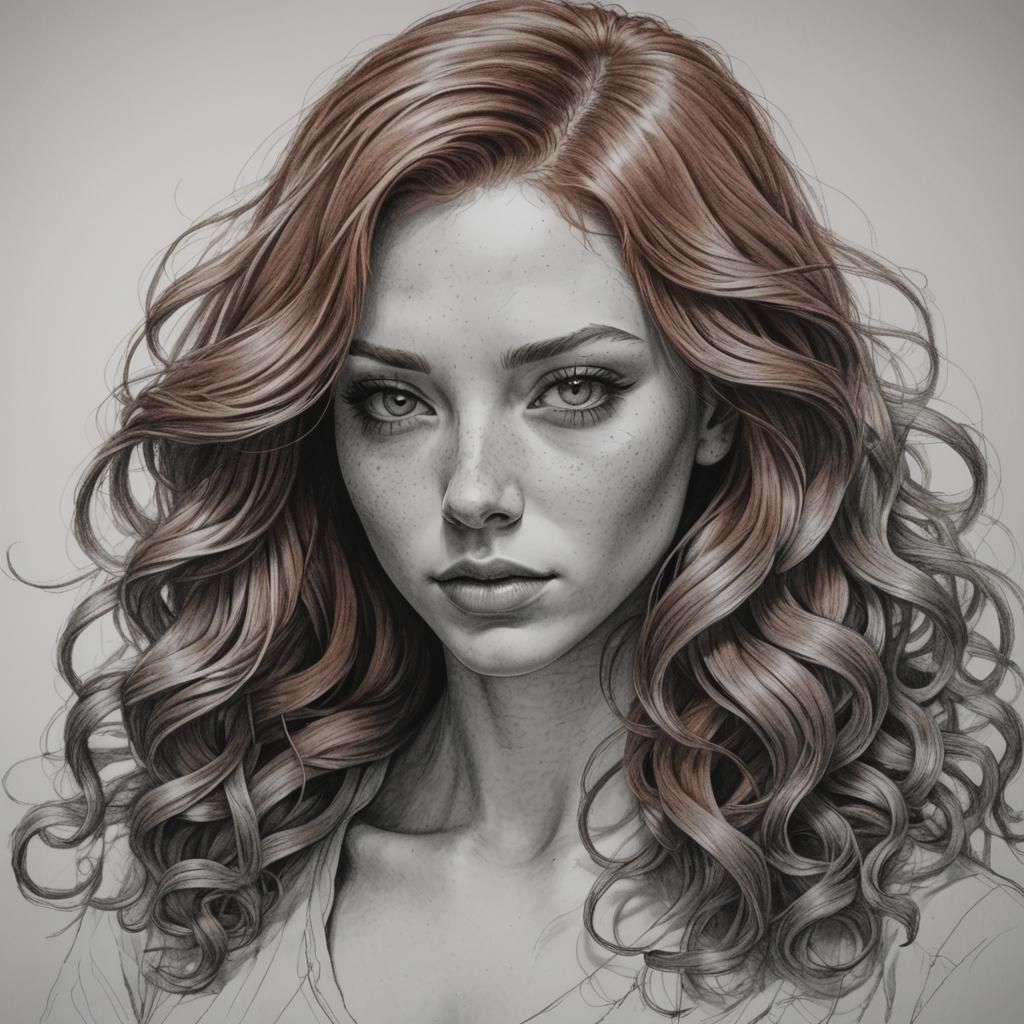 make a pencil drawn sketch of a girl with: Fiery red hair, likely with some natural waves or curls that bounce with her movements. 3D shadin...