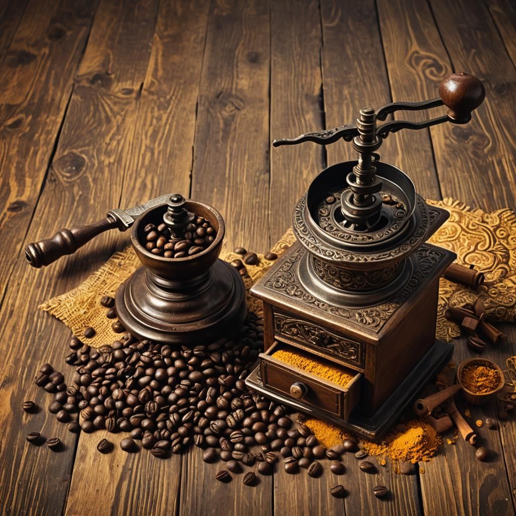 An old, yellow, Turkish manual coffee grinder and an old bro...