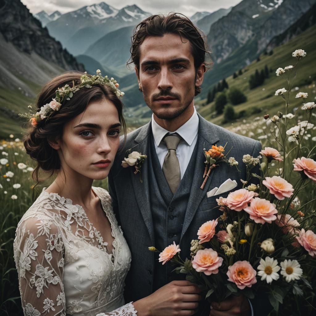 men's and women's weddings are surrounded by beautiful flowe...