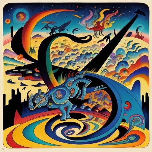 narrative art picture in a picture lots of surreal fire brea...