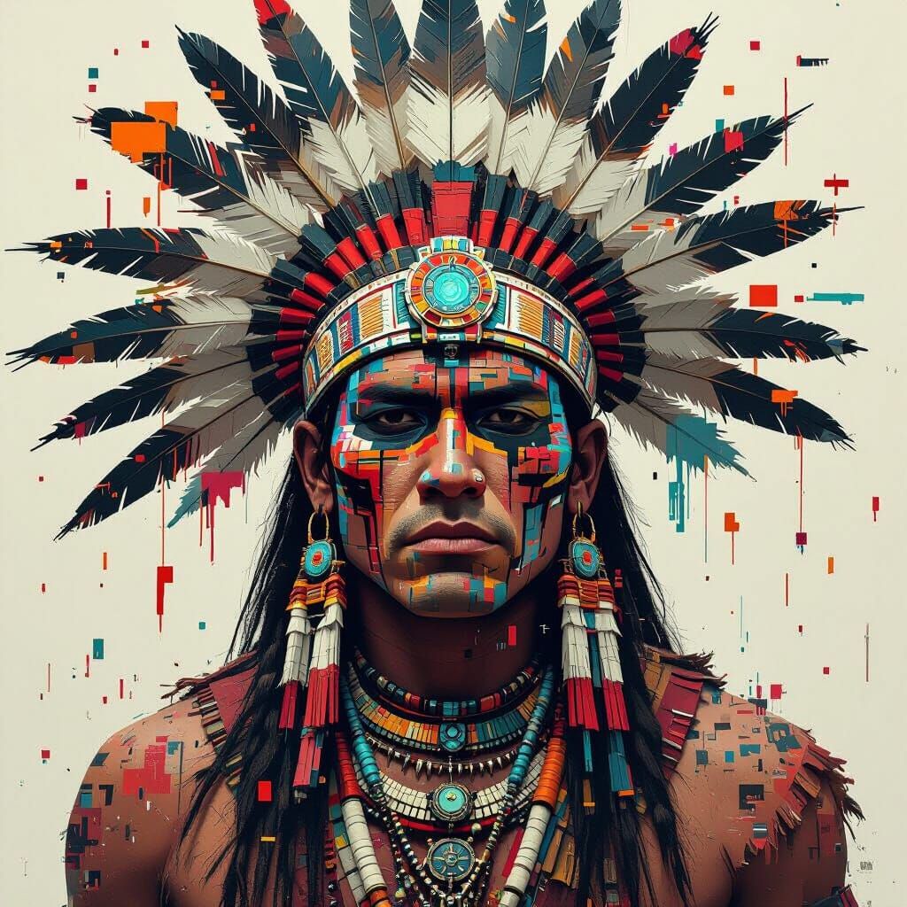 envision a portrait of a stoic Aztec warrior, his face fractured into a mosaic of distorted pixels and ...  by @Erick Q