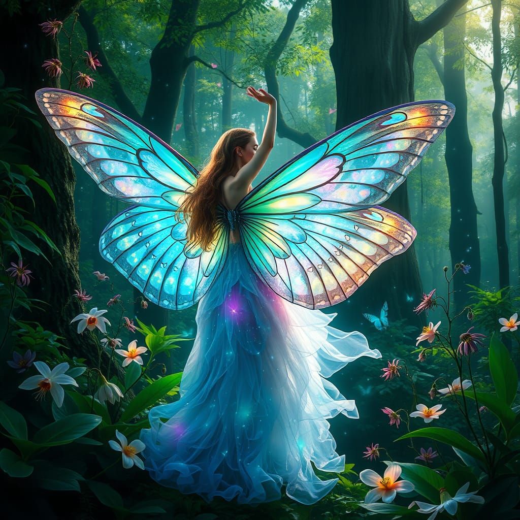 Ethereal Fairy in Vibrant Forest, with Iridescent Butterfly ...