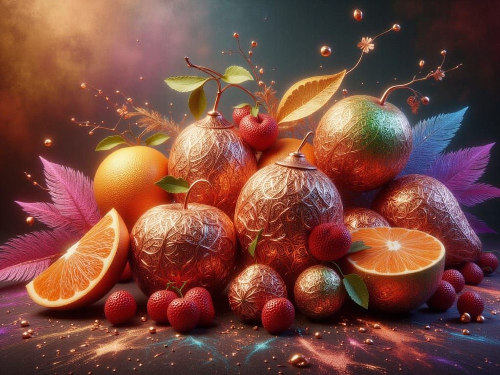 <lora:FiosCopperLace:1.0> Fruit Still life
