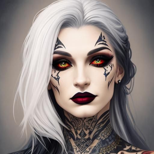 A portrait of a woman, envisioned as a tattooed vampire magi...