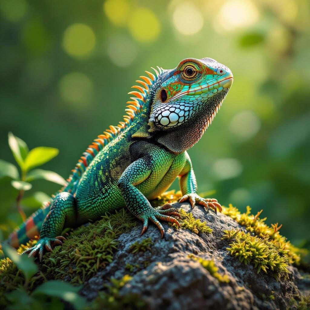 Vibrant Lizard on Mossy Rock, Hyperrealistic Style