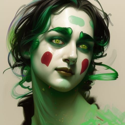 dozy eyed   clown in tones of black white and green