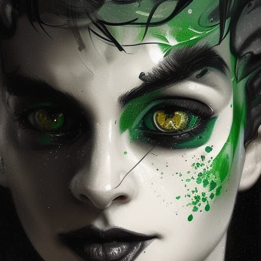 dozy eyed   clown in tones of black white and green