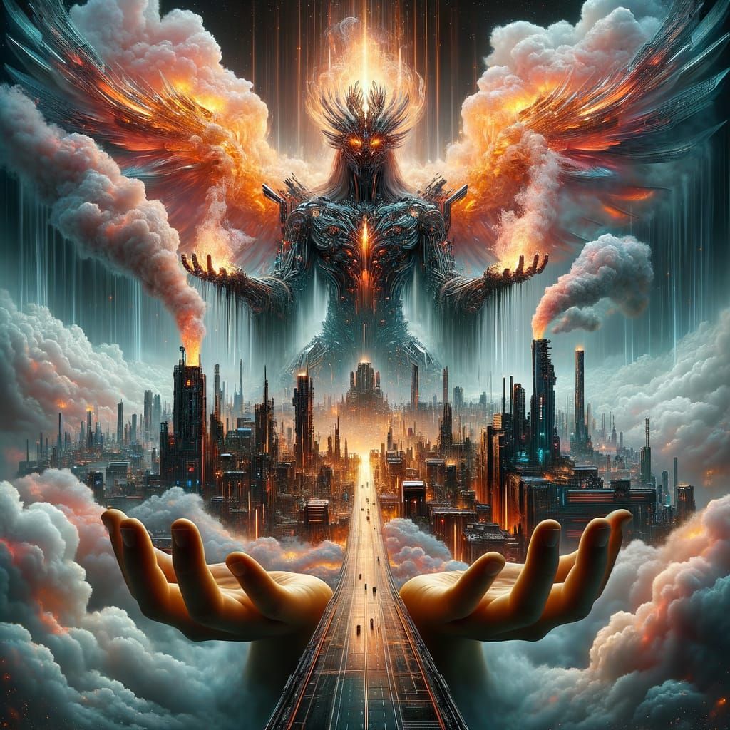 Psychedelic Surrealcore City God in Cyberpunk Style