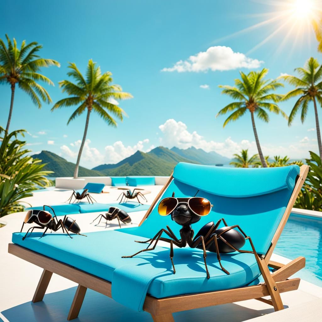 ten or twenty ants wearing sunglasses on their heads reclini...