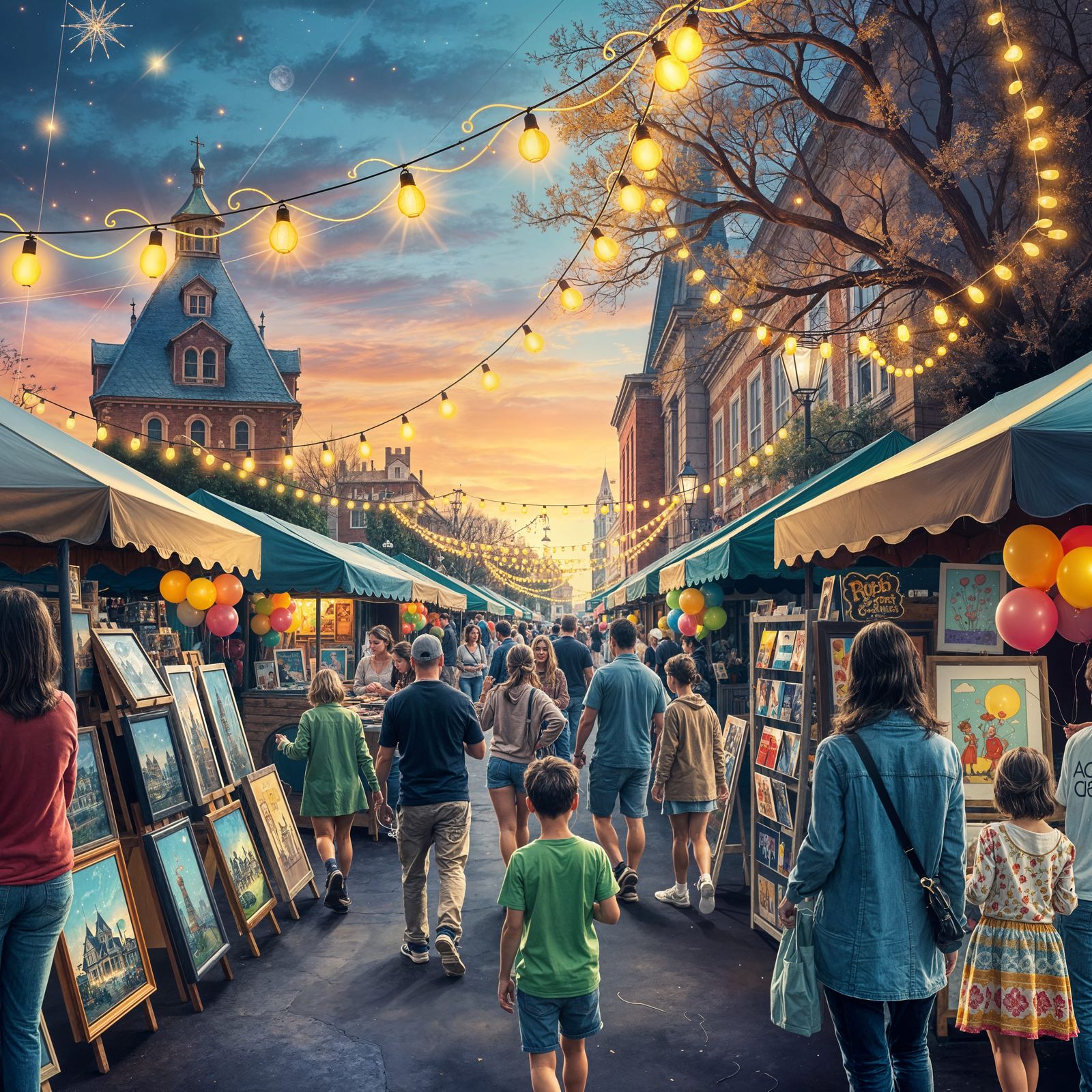 Capture the vibe of bustling outdoor markets at night. Adults and kids 🌙✨ Art vendors, face painting, ...  by @Bunnzo