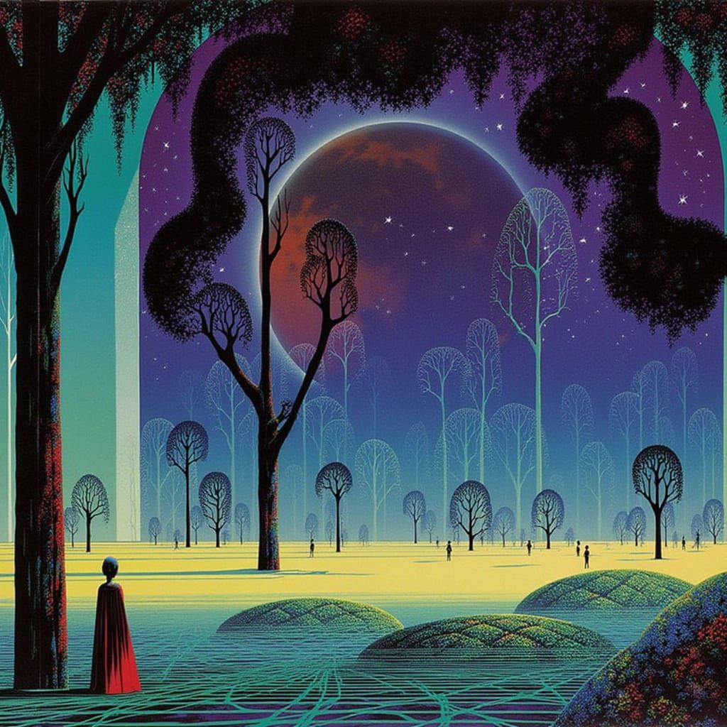 <lora:Eyvind Earle:1.0> A great platform held up by great pillars and arches stands within a vast plain holding a great domed world where we...