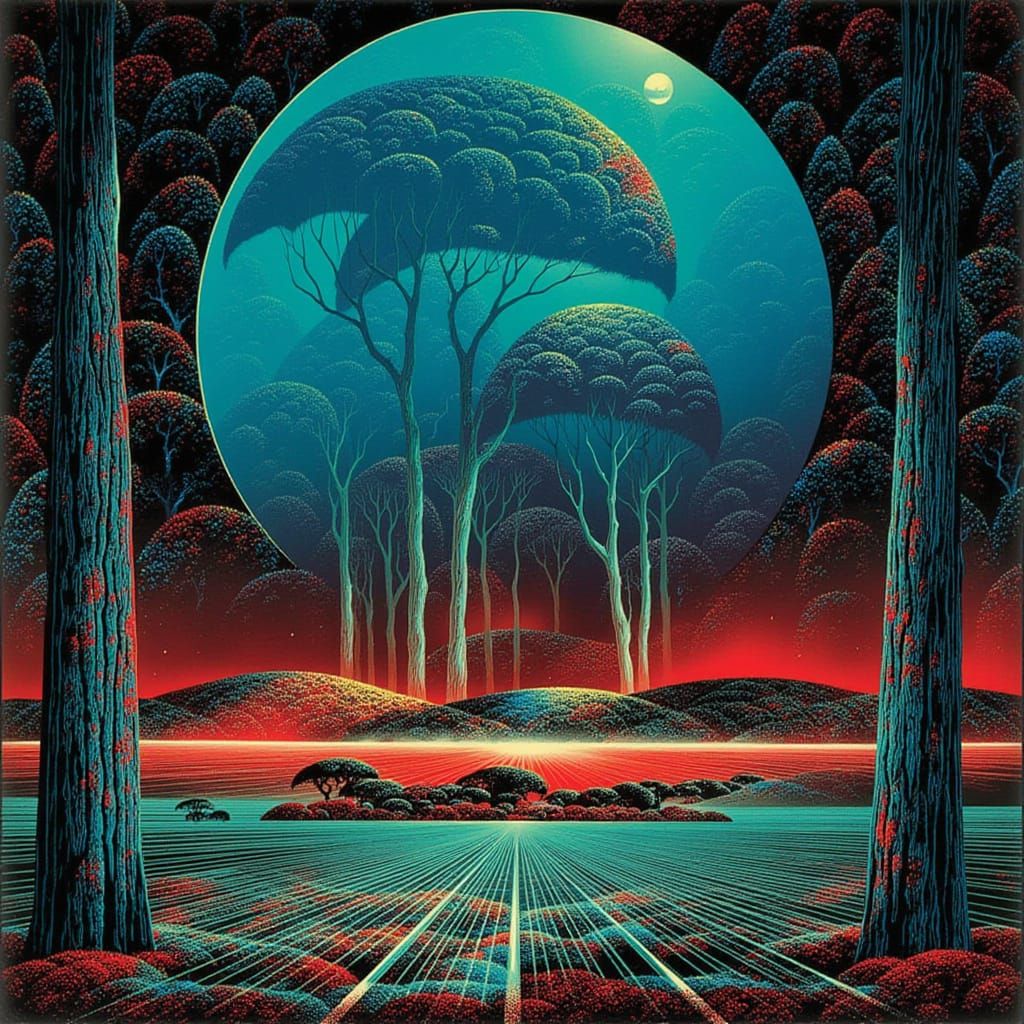 <lora:Eyvind Earle:1.0> A great platform held up by great pillars and arches stands within a vast plain holding a great domed world where we...