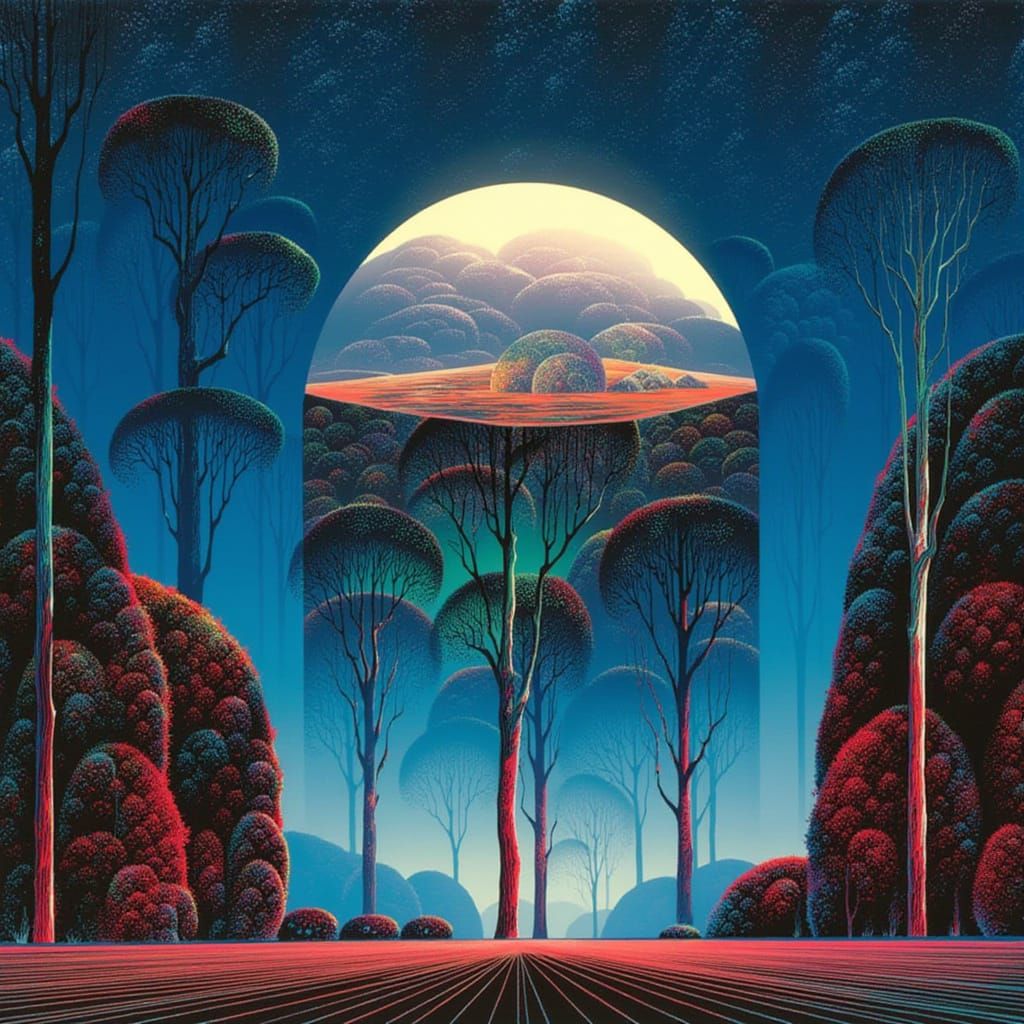 <lora:Eyvind Earle:1.0> A great platform held up by great pillars and arches stands within a vast plain holding a great domed world where we...