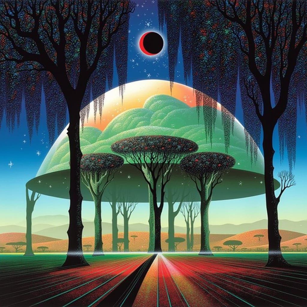 <lora:Eyvind Earle:1.0> A great platform held up by great pillars and arches stands within a vast plain holding a great domed world where we...