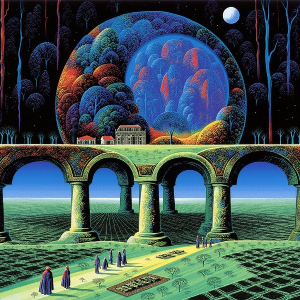 <lora:Eyvind Earle:1.0> A great platform held up by great pillars and arches stands within a vast plain holding a great domed world where we...