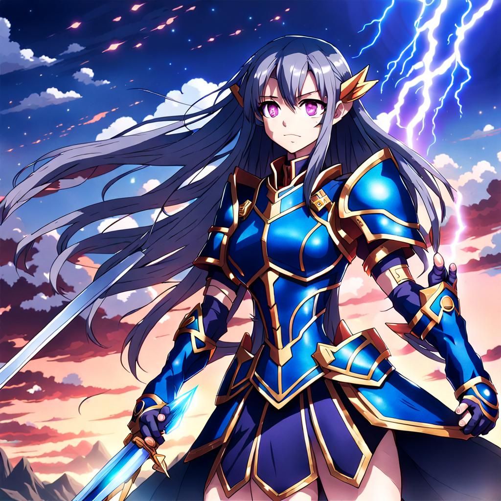Full body female warrior in perfect figure with long dark bl...