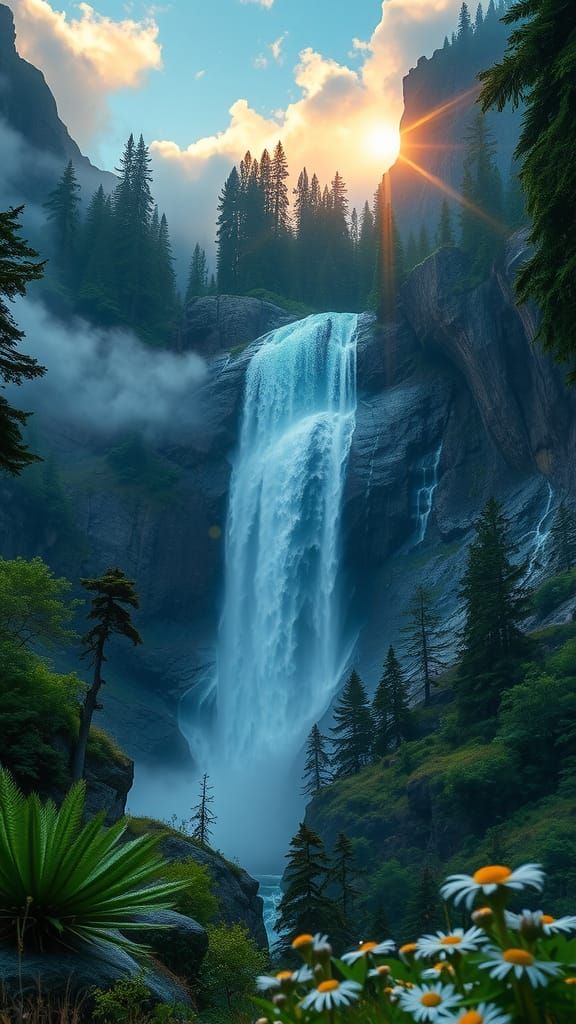 Epic Magic shining  waterfall mountain forest landscape intricate !!, amazing depth, breathtaking_artwork by National_Geographic, Yoshitaka...