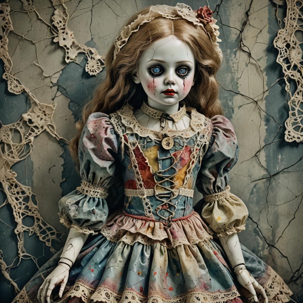 A creepy dirty ((cracked)) (cracking) ((porcelain doll)) fad...