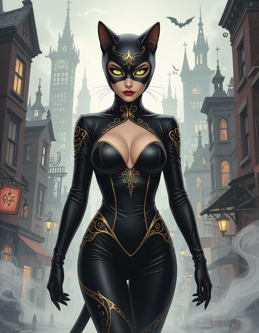 An anthropomorphic Cat Woman, adorned in a sleek, dark leather catsuit with intricate gold filigree, prowls through a Tim Burton-esque citys...