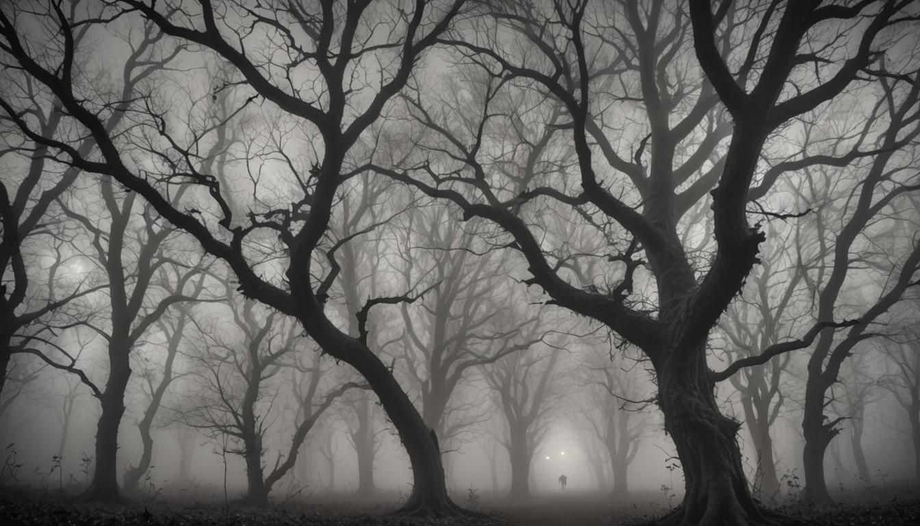 wide angle, haunted atmosphere, dark, fog, sparkling eyes, Whispering Woods with bats hanging, branches intertwining lik...