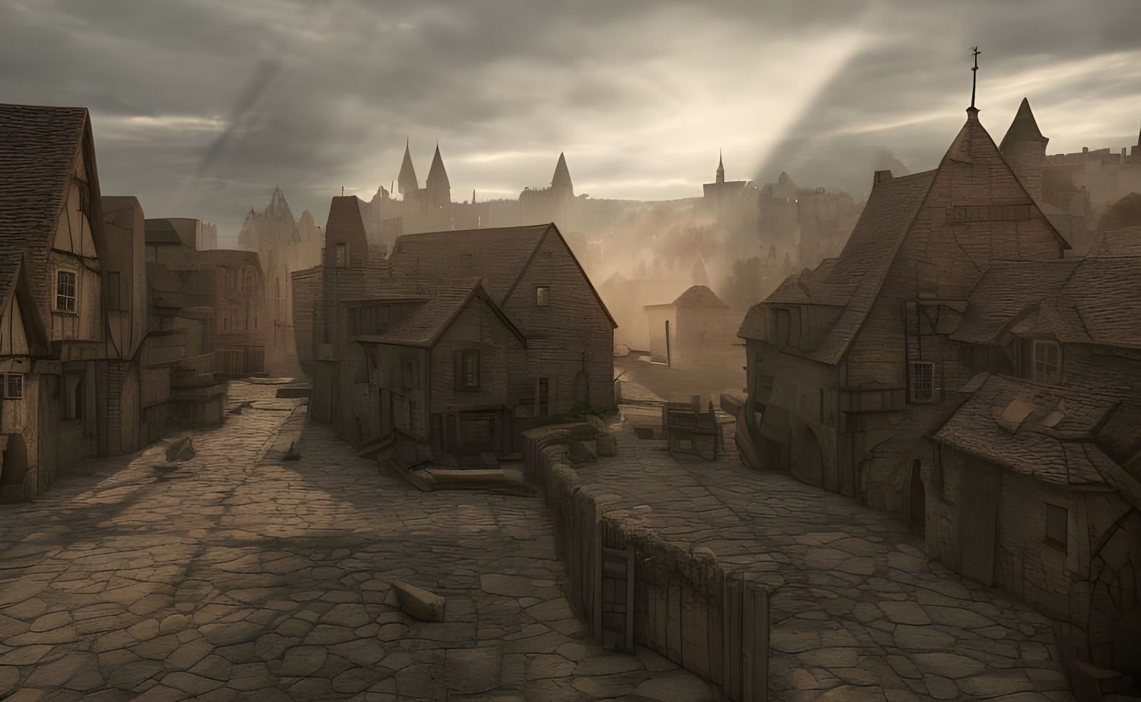 A hyper-realistic image of an old medieval town in apocalypt...