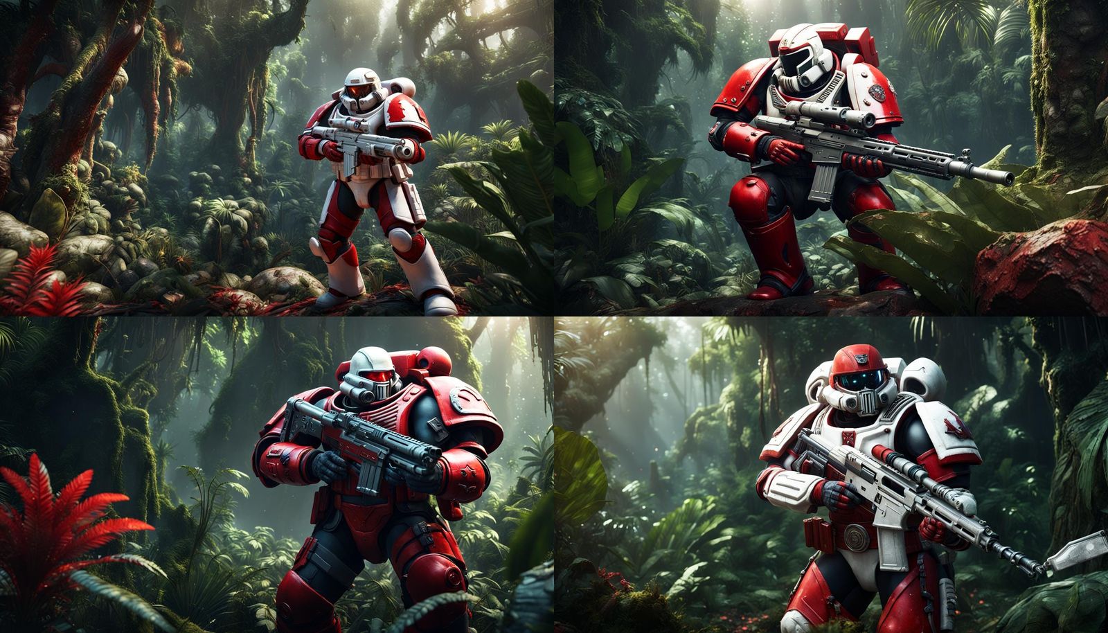 Space marine in white and red armour holding a sniper in a j...
