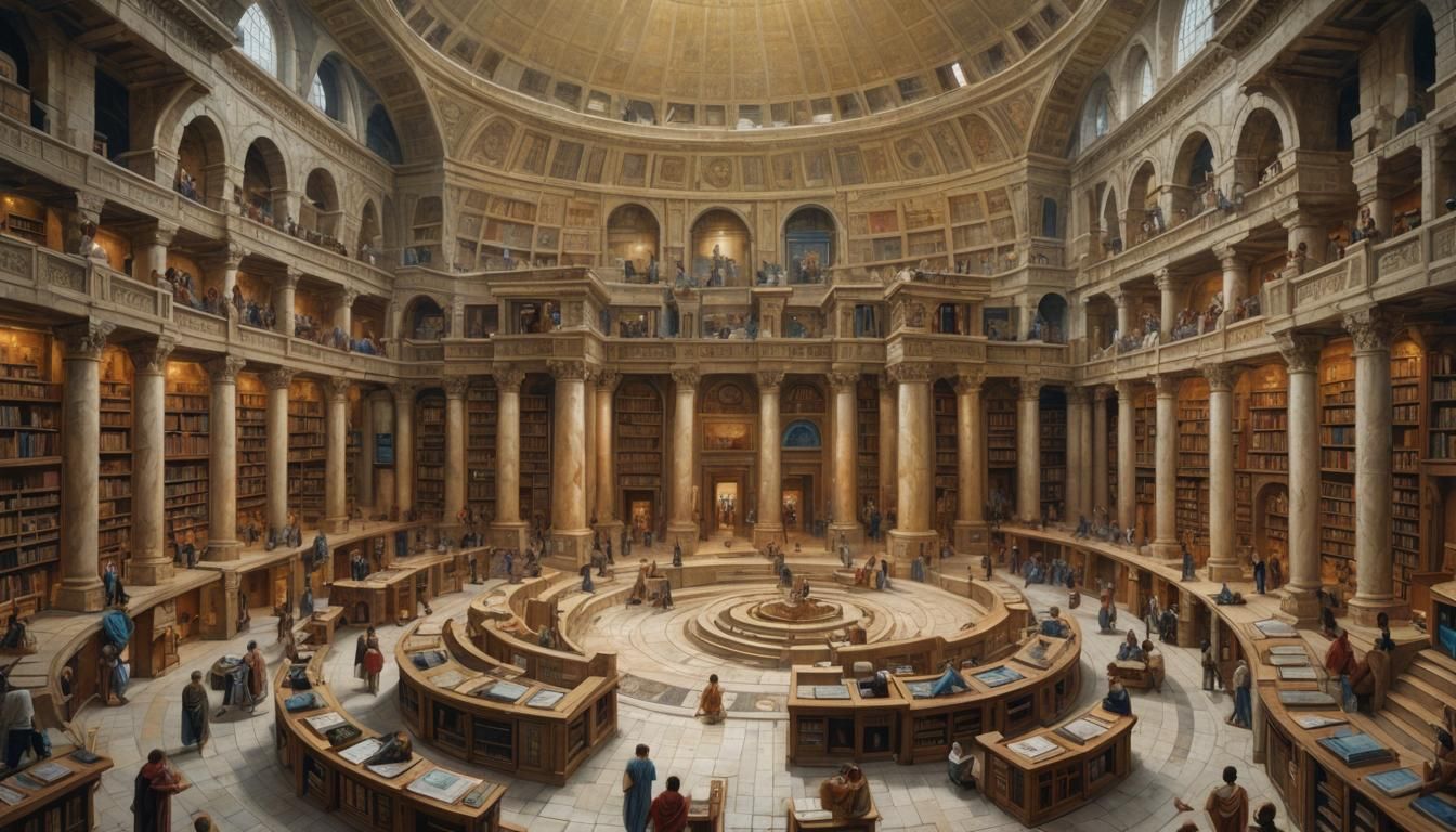 Library of Alexandria, epic, dramatic, magnificent oil painting, realistic, intricately detailed, colorful, ...  by @undefined