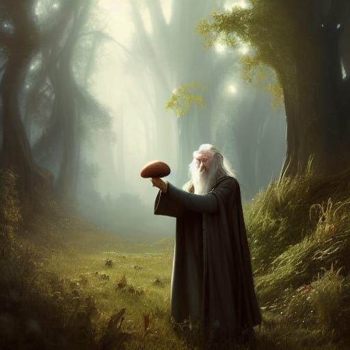 Gandalf picking mushrooms,
a masterpiece, 8k resolution, dar...