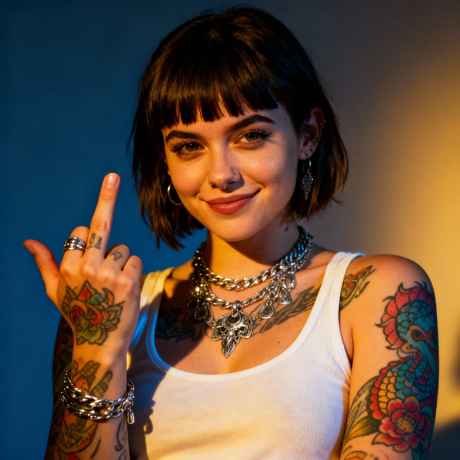 Woman with Intricate Jewelry and Tattoos Giving Middle Finge...