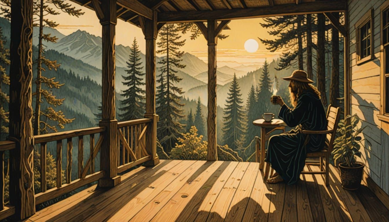 a shadow figure drinking coffee on a porch