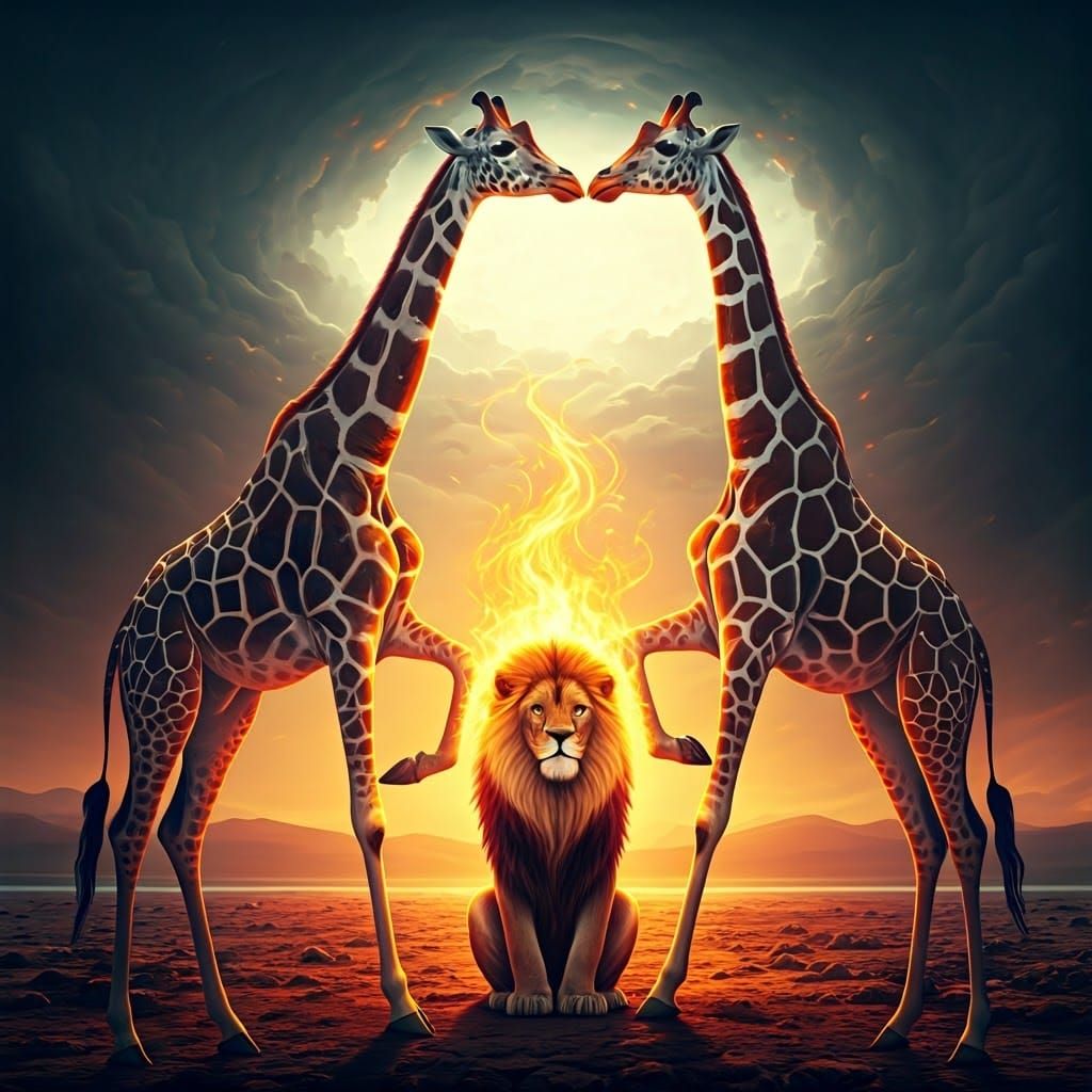 Giraffes Archway for Lion on Dreamlike Savannah