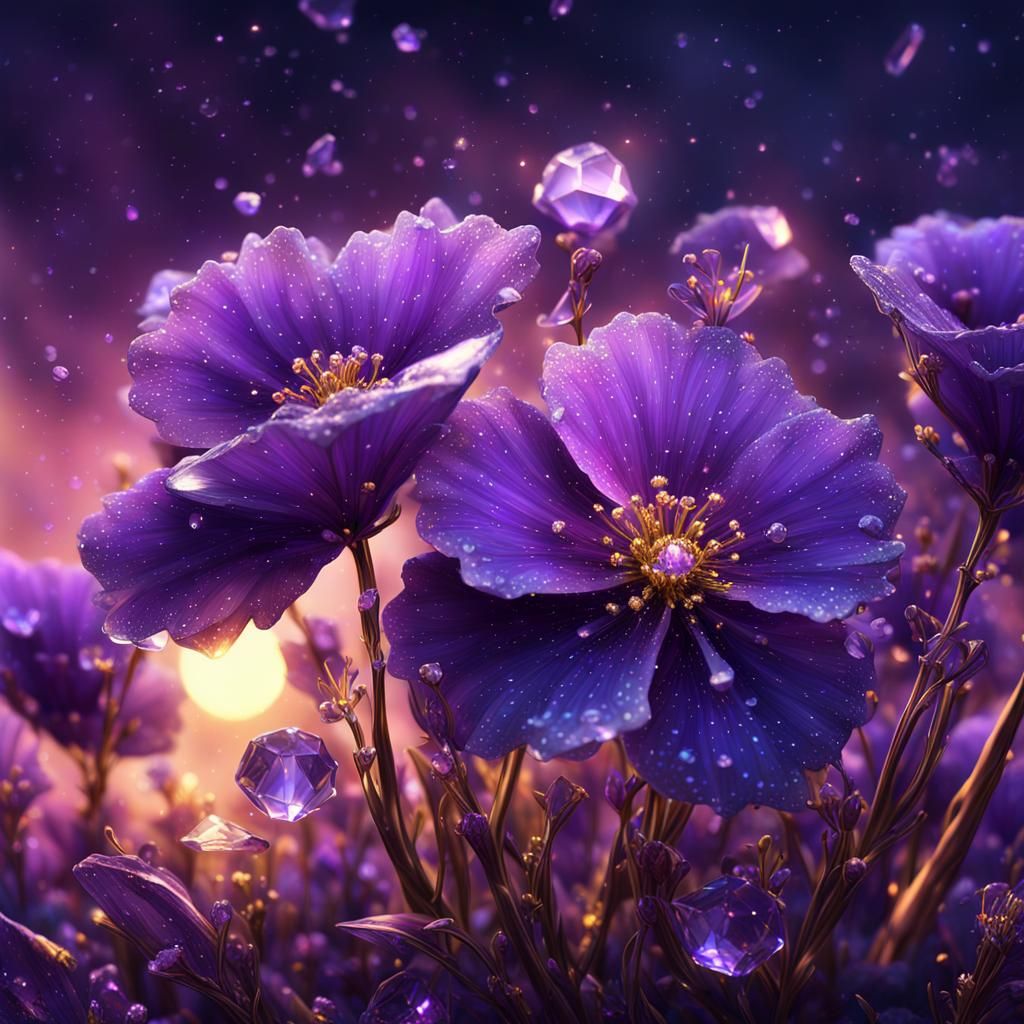 Crystalline Violet Flowers Reflecting Sunrise: Digital Art