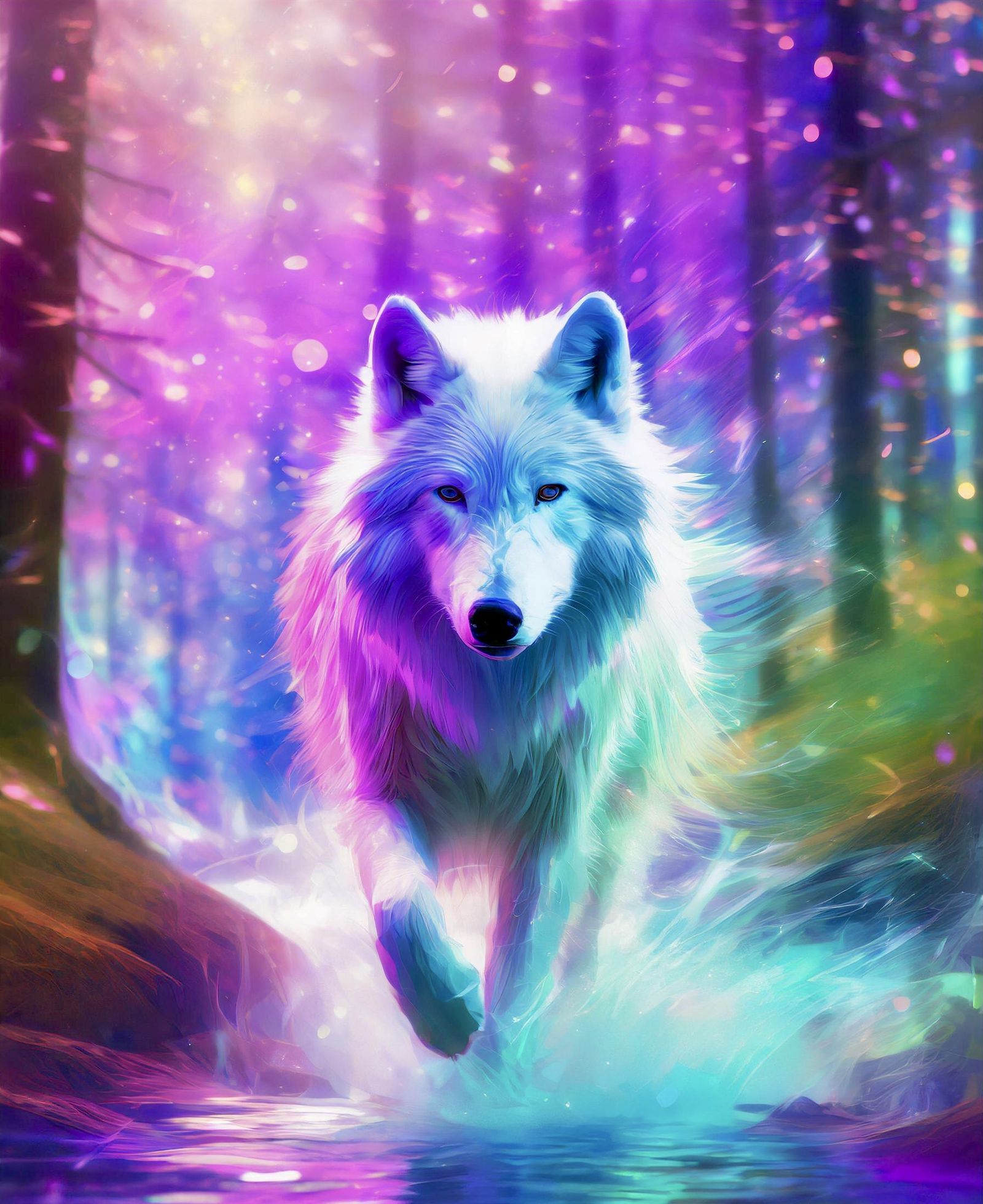 Magical iridescent white wolf