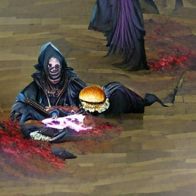 a necromancer eating a hamburger