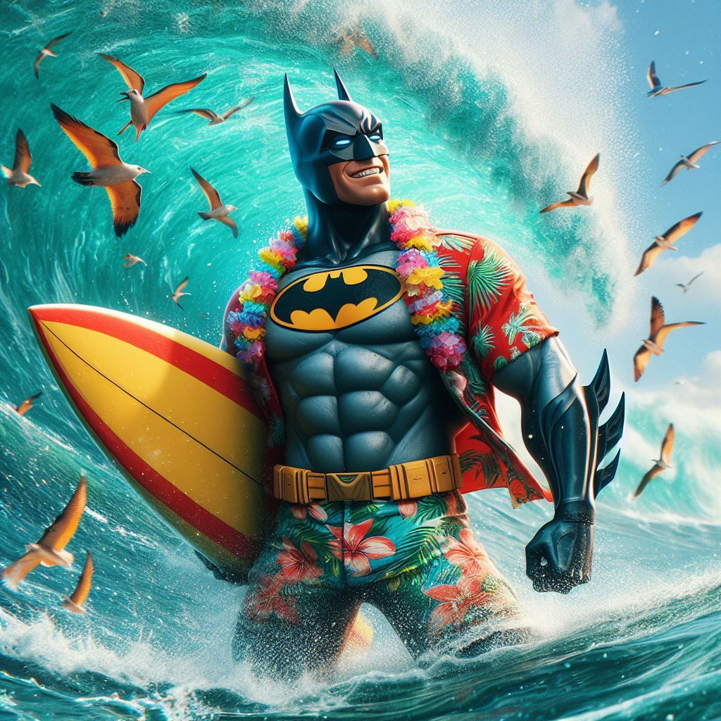 Two Superheroes on Vacation: Batman surfing