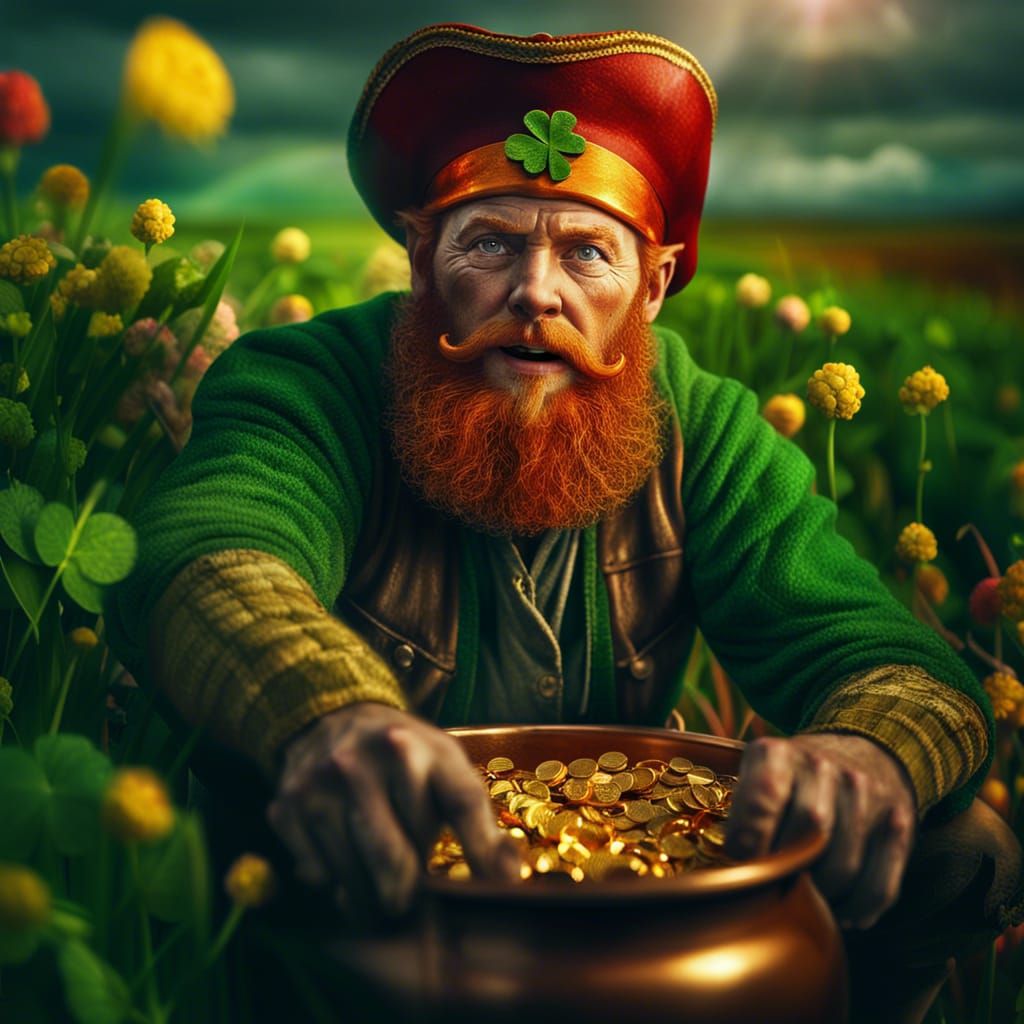 Close-up of a handsome red-bearded Irish Leprechaun guarding an ...