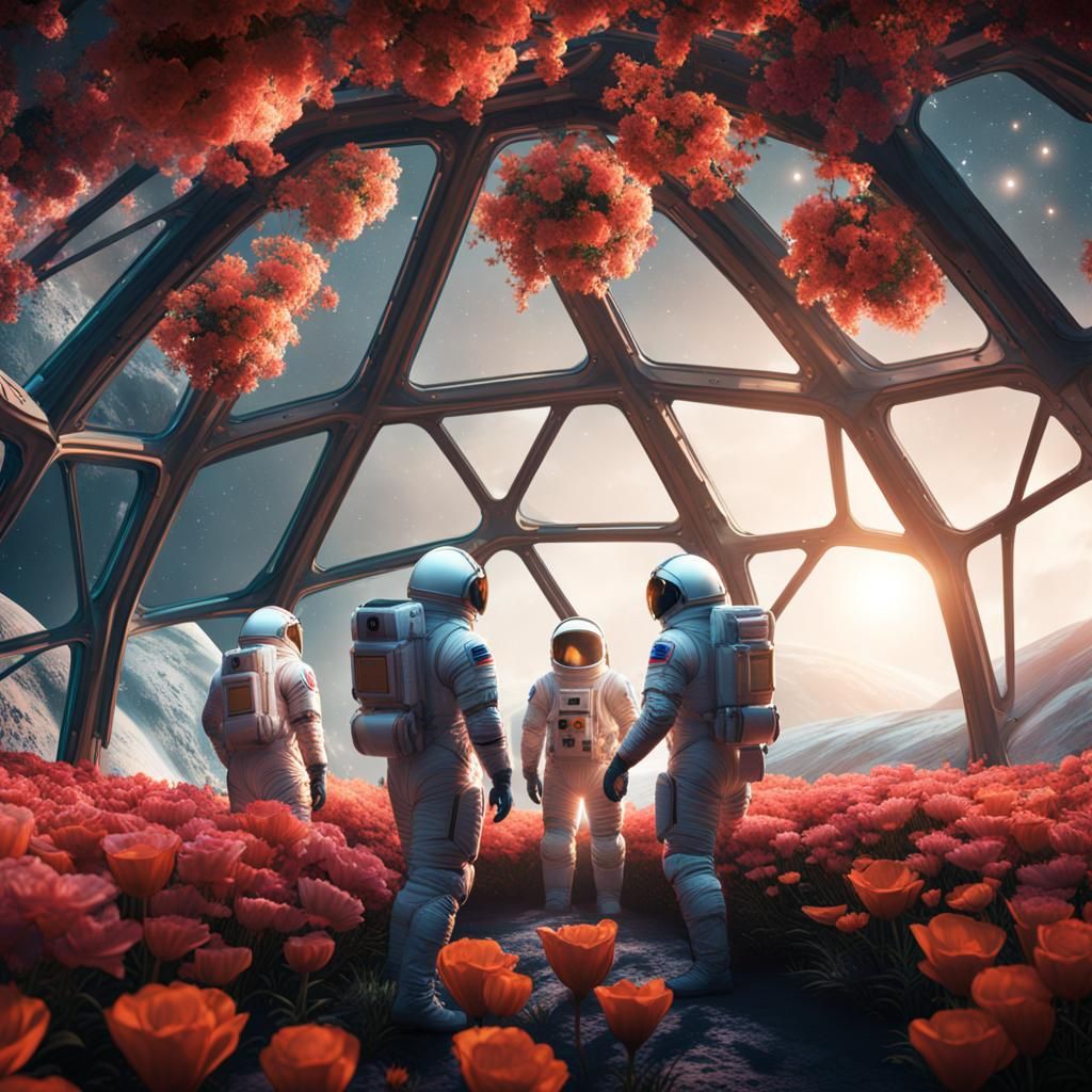 Three men in spacesuits tending to the flowers in a geodesic...