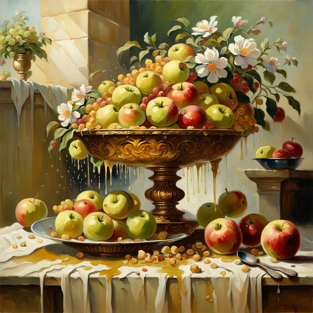 Fruit and Honey Still Life in Oil Painting Style