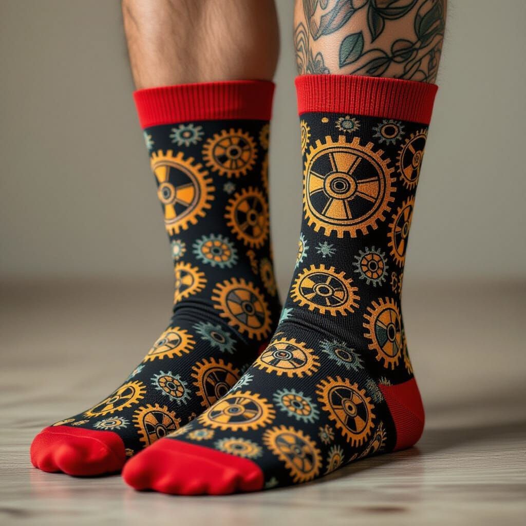 For the "Sock Designs" challenge, imagine a pair of socks with a repeating pattern of tiny steampunk ...  by @Fausto Santos