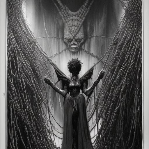 Bride of Frankenstein starring Elsa Lanchester.  Indigo and crimson highlights Tesla coils sparking, skeleton bone armor...